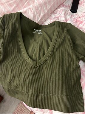 Garage Olive Ribbed V-Neck Crop Top